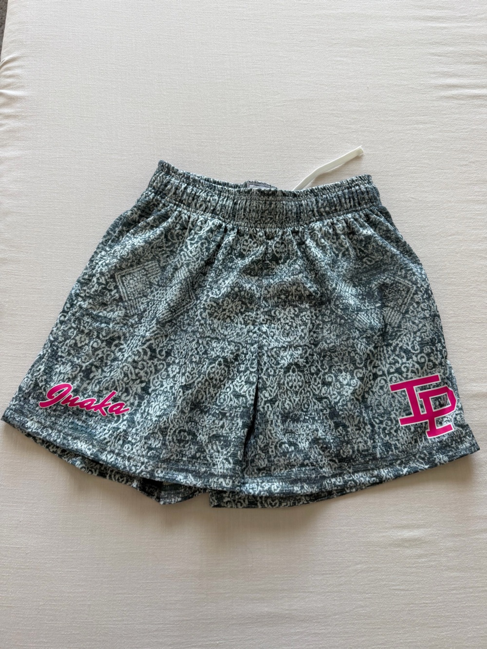 Inaka Power Gray Patterned Athletic Shorts with Pink Logo Accents